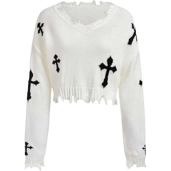 Cross Print Knitted Sweater for Women's Contrasting Colors